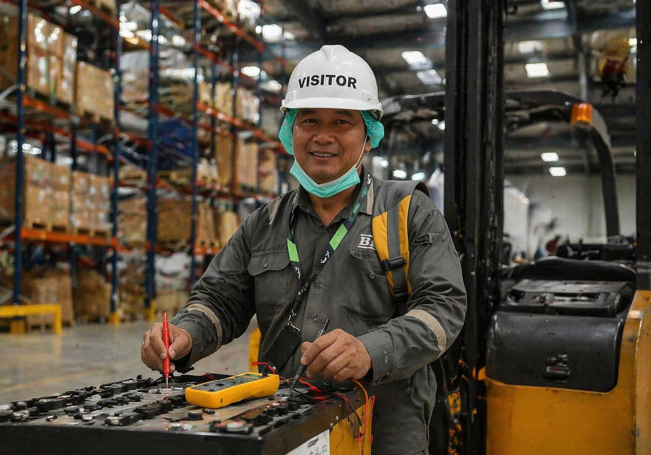 Teknisi support BPSI untuk service baterai forklift dan battery health check